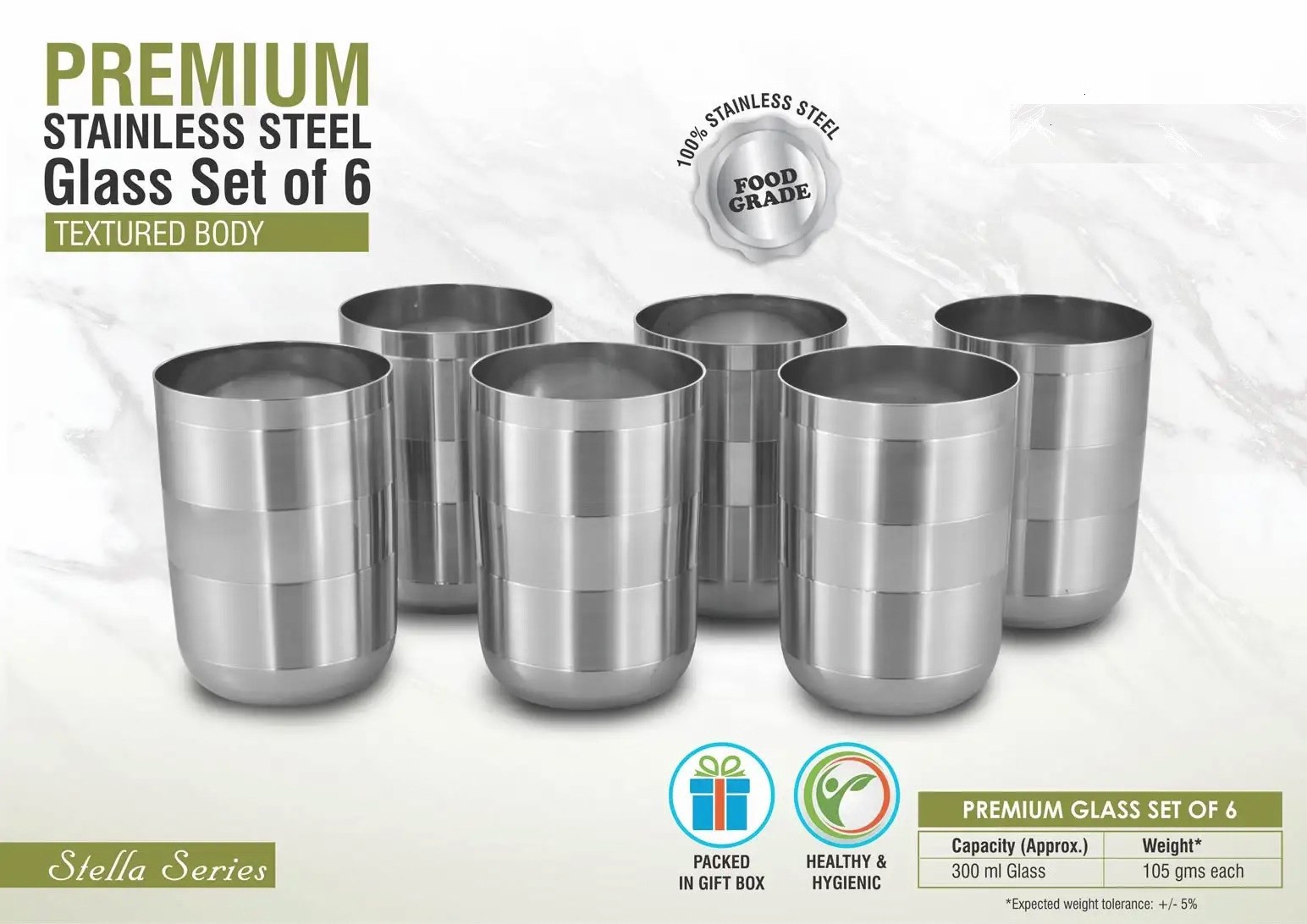 Premium Stainless steel glass set of 6 | Textured body