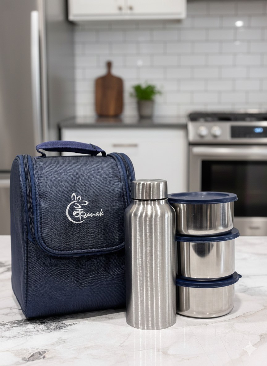 Kanak Office Lunch Bag with 3 Leakproof Containers & 1 Steel Bottle (600 ml)
