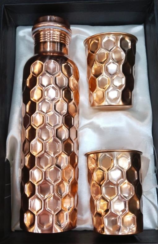 Pure Copper Drinkware Gift Set of Honeycomb Design With Gift Box