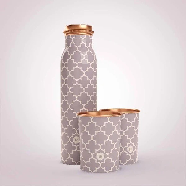 Printed Copper Water Bottle and 2 glass set