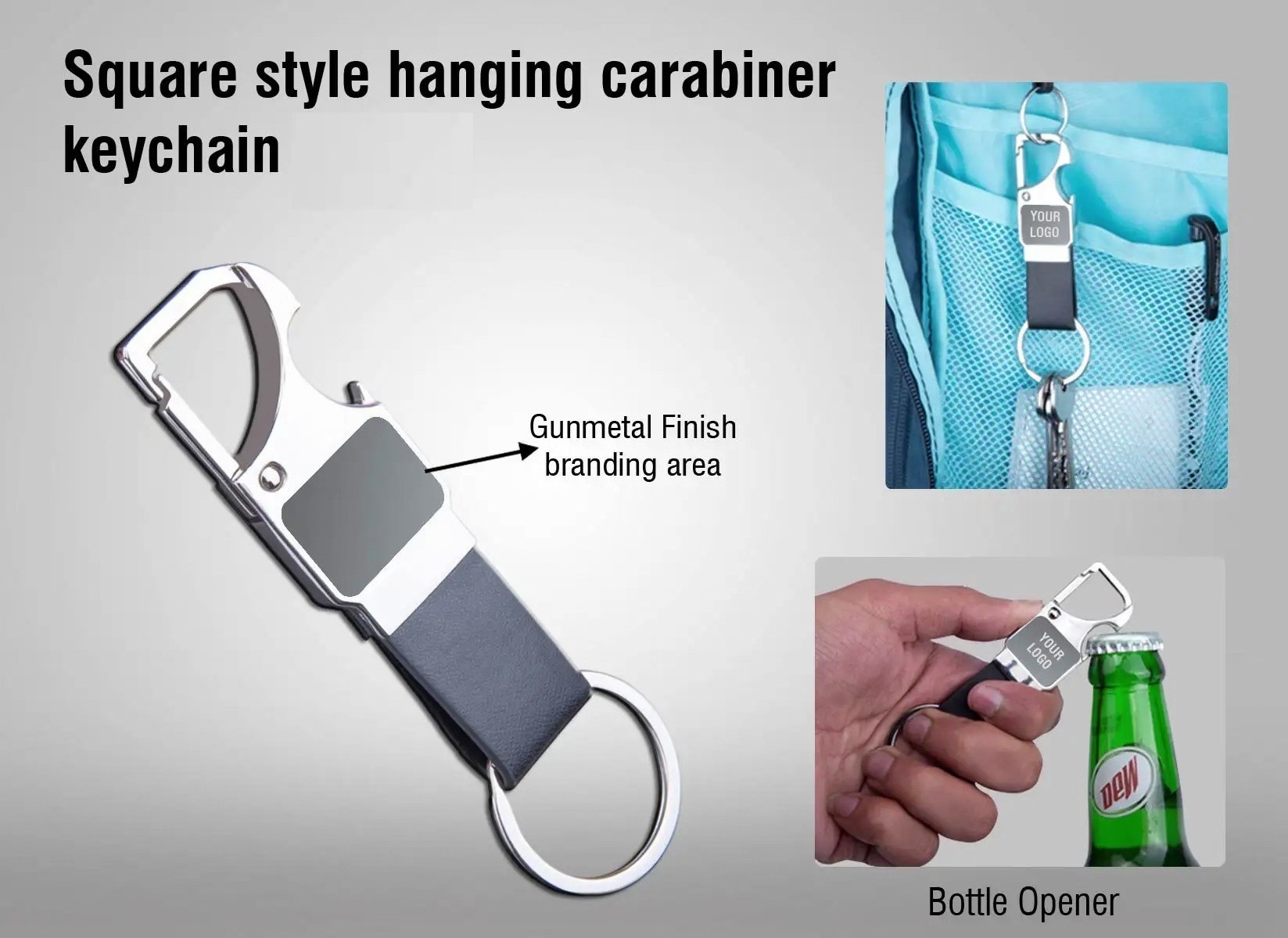 3 In 1 Hanging Carabiner Keychain With Opener | Gunmetal Finish